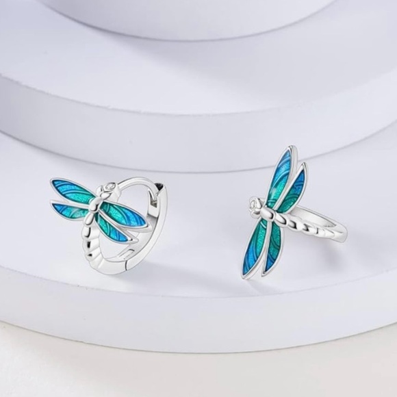 Sterling silver dragonfly earrings small hoops great for sensitive ears - Picture 2 of 4